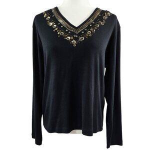 Vintage Chico's NWT Bronze Luxe Trinket Beaded Black V-Neck Top Boho Earthy